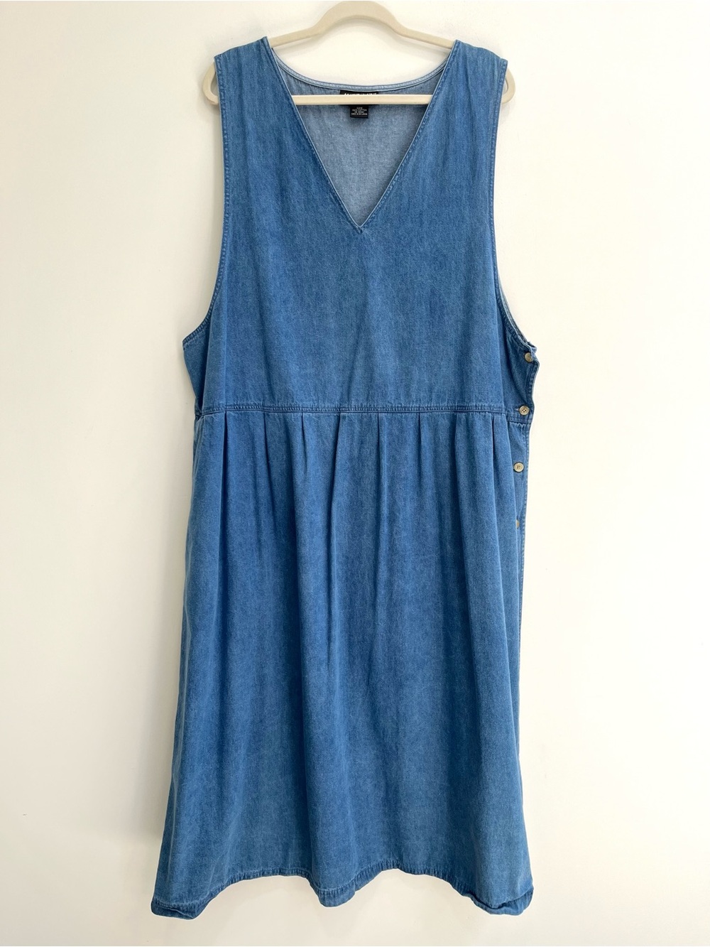 Vintage 90’s blue denim pinafore apron midi dress side buttons plus size 22W
